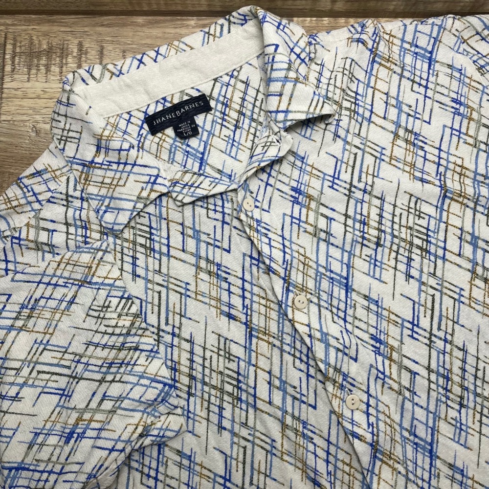Jhane Barnes Mens Large Silk Blend Short Sleeve Button Up Geometric Grid Shirt